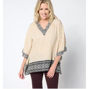 Belle Kim Gravel Tribal Fusion Mixed Print Poncho Top Womens Size XL Khaki